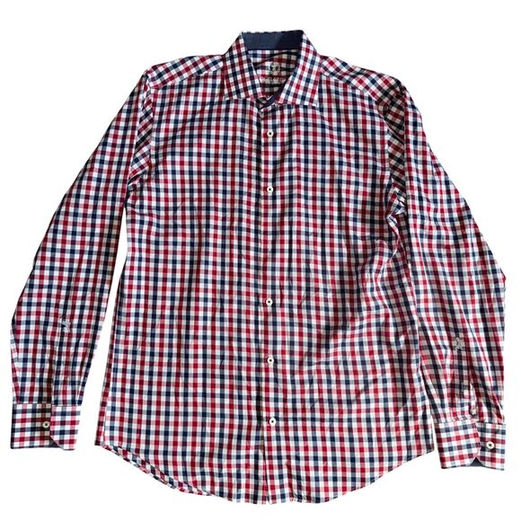 Bugatchi Uomo Long Sleeve Button Down - Red & Navy Check - 15 1/2 34/35 (Medium) - Picture 1 of 6